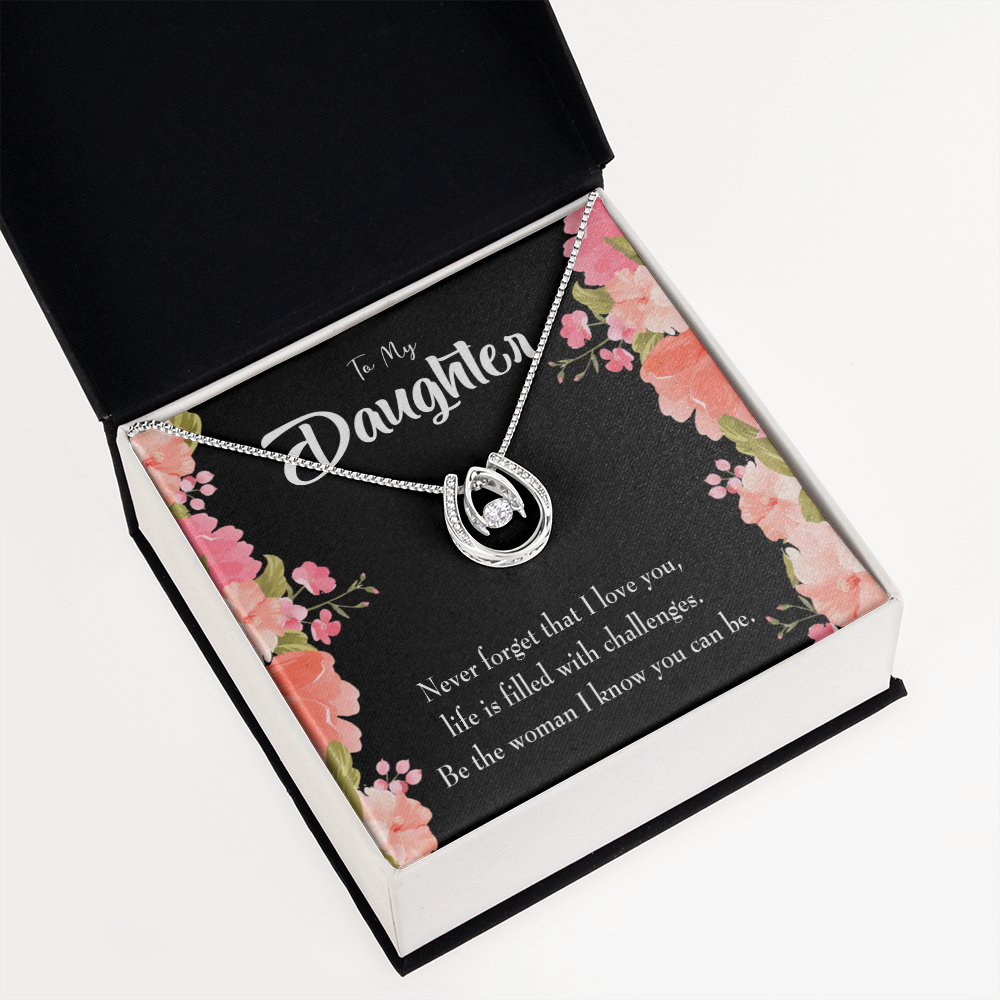 To My Daughter Never Forget That I Love You Lucky Horseshoe Necklace Message Card 14k w CZ Crystals-Express Your Love Gifts