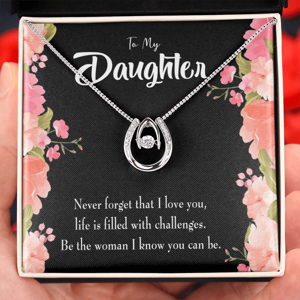 To My Daughter Never Forget That I Love You Lucky Horseshoe Necklace Message Card 14k w CZ Crystals-Express Your Love Gifts