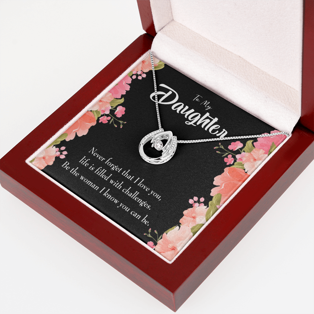 To My Daughter Never Forget That I Love You Lucky Horseshoe Necklace Message Card 14k w CZ Crystals-Express Your Love Gifts