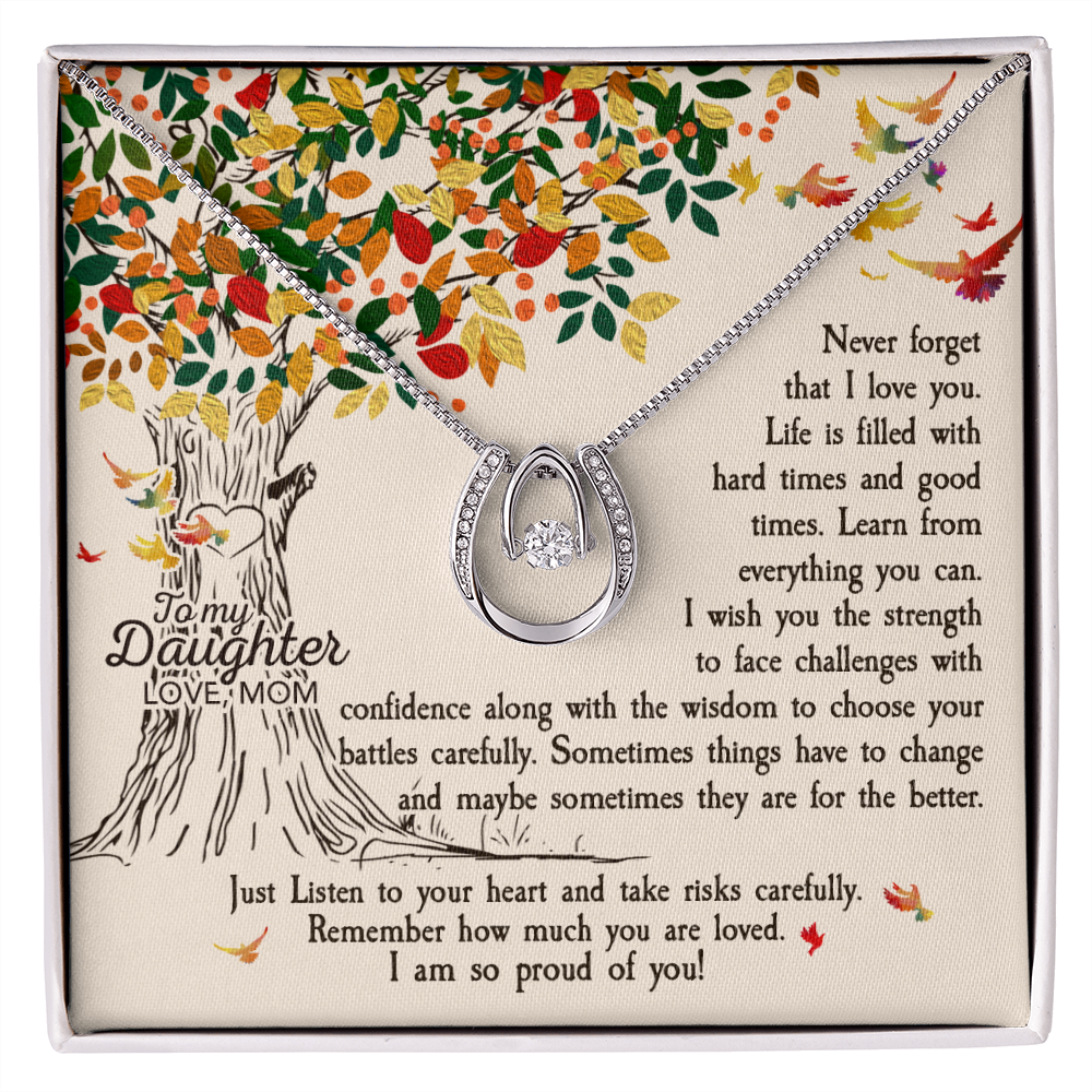 To My Daughter Never Forget That I Love You -Tree Revised Lucky Horseshoe Necklace Message Card 14k w CZ Crystals-Express Your Love Gifts