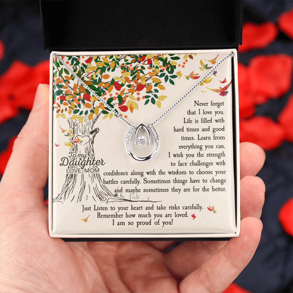 To My Daughter Never Forget That I Love You -Tree Revised Lucky Horseshoe Necklace Message Card 14k w CZ Crystals-Express Your Love Gifts