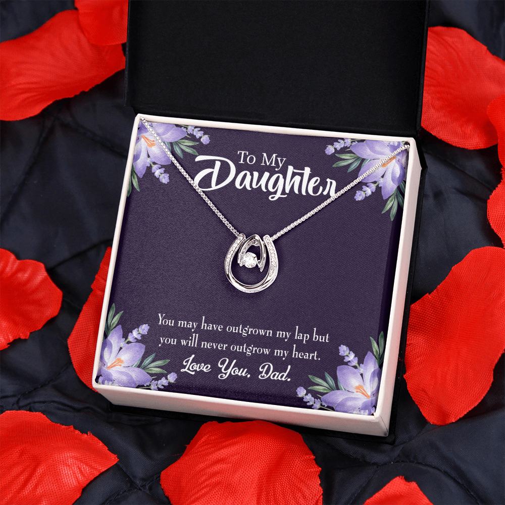 To My Daughter Never Outgrow my Heart Dad Lucky Horseshoe Necklace Message Card 14k w CZ Crystals-Express Your Love Gifts