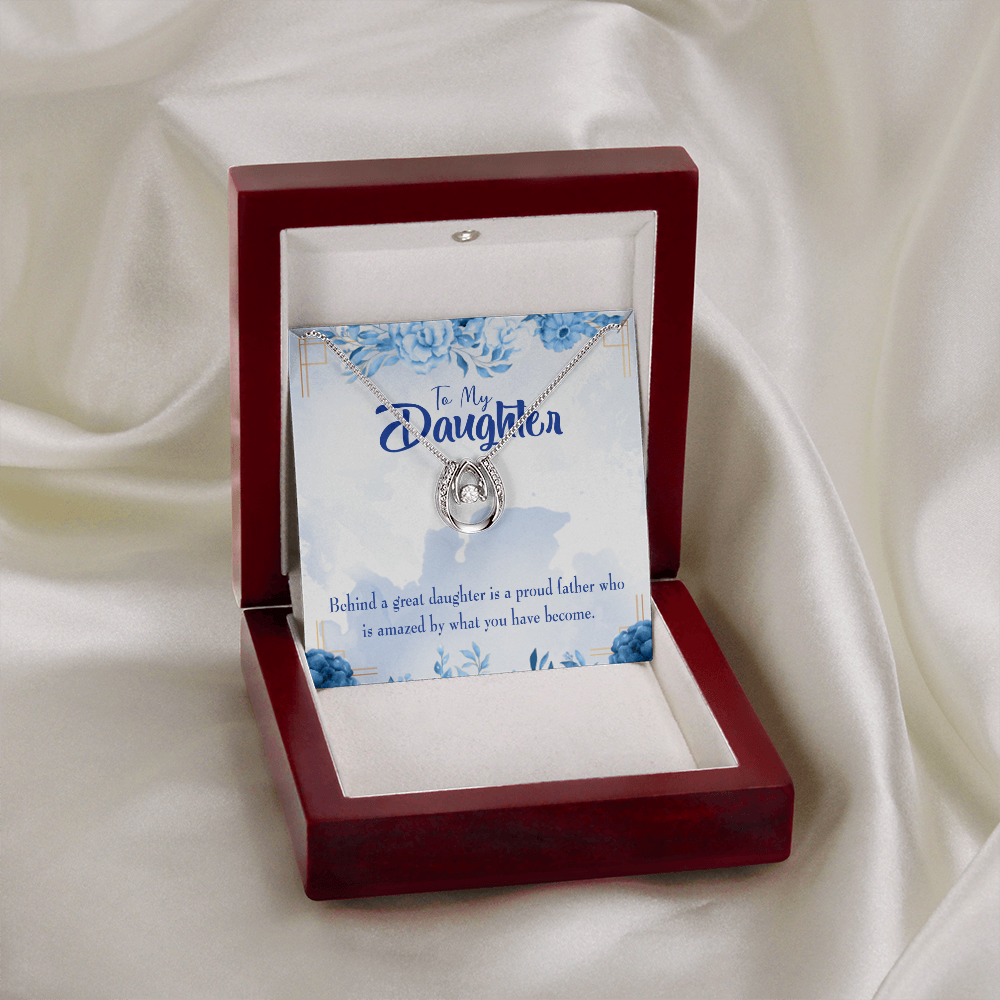 To My Daughter Proud Father Lucky Horseshoe Necklace Message Card 14k w CZ Crystals-Express Your Love Gifts