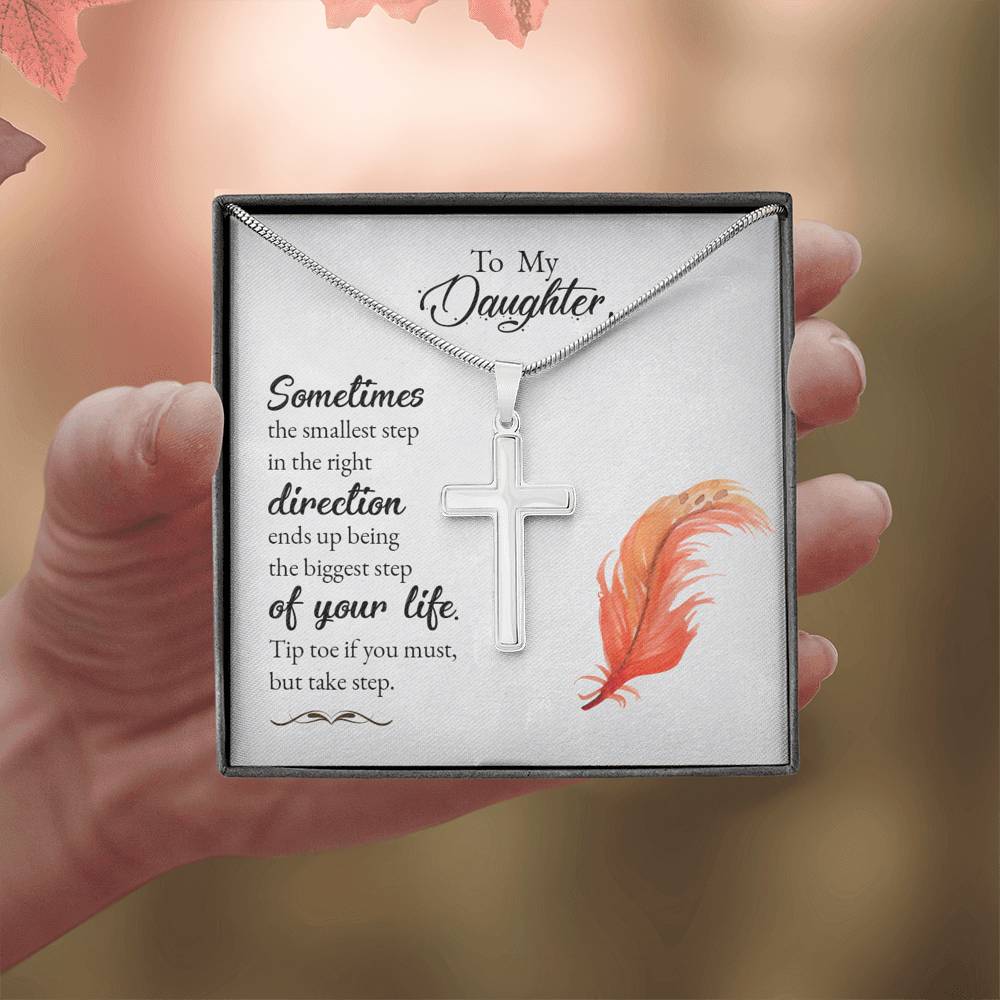 To My Daughter Smallest Step Cross Card Necklace w Stainless Steel Pendant-Express Your Love Gifts
