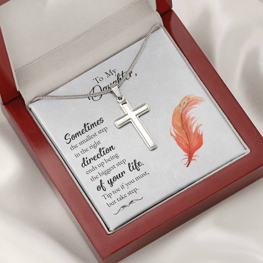 To My Daughter Smallest Step Cross Card Necklace w Stainless Steel Pendant-Express Your Love Gifts