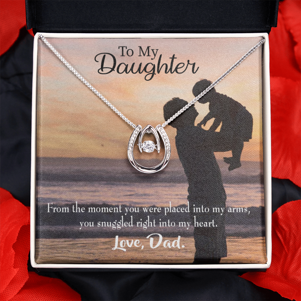 To My Daughter Snuggled into Dad's Heart Lucky Horseshoe Necklace Message Card 14k w CZ Crystals-Express Your Love Gifts