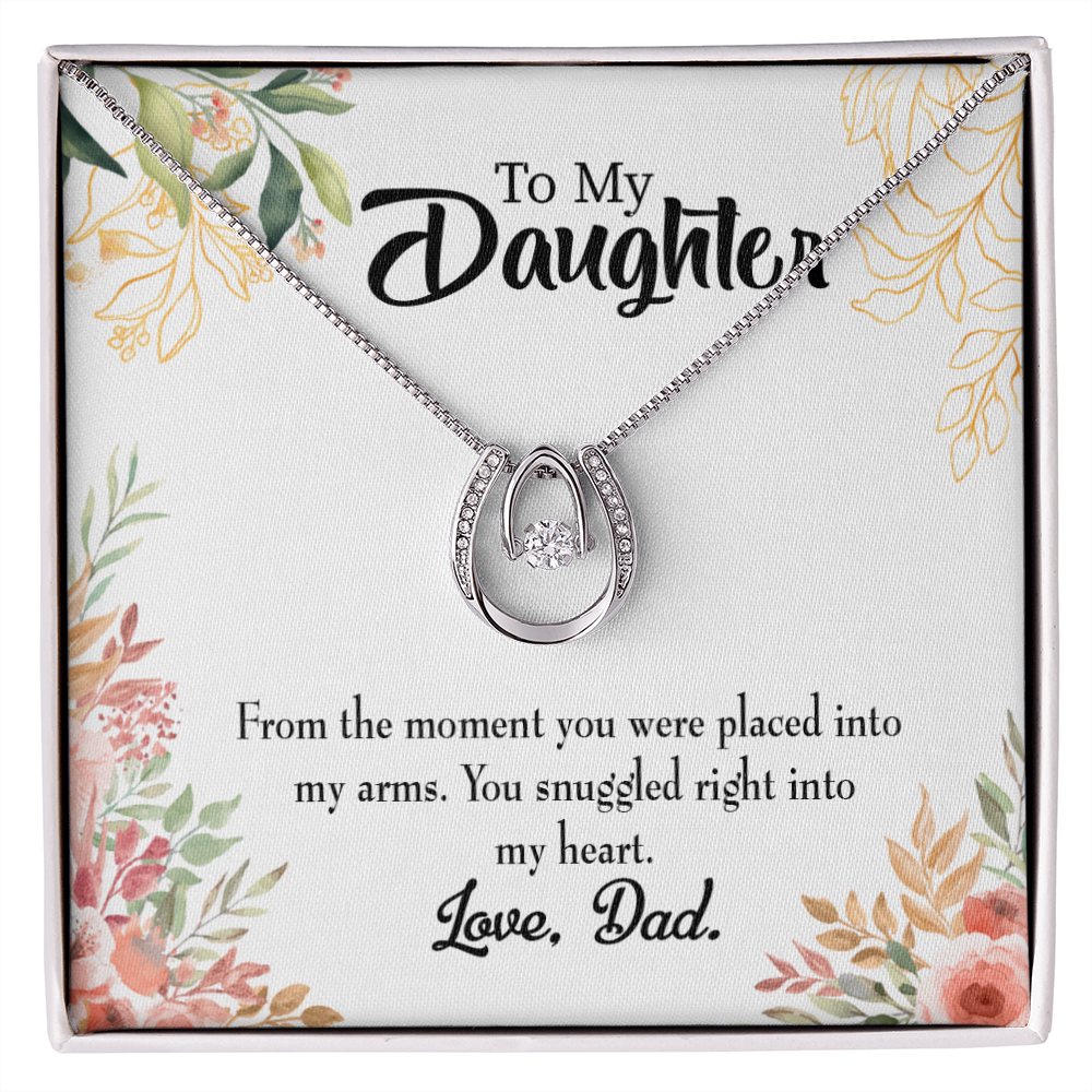 To My Daughter Snuggled into my Heart Dad Lucky Horseshoe Necklace Message Card 14k w CZ Crystals-Express Your Love Gifts