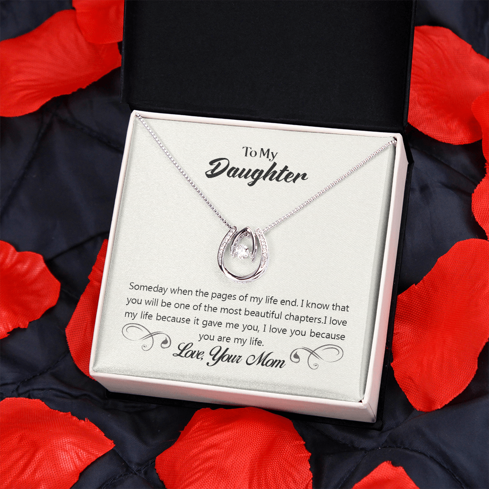 To My Daughter Someday When the Pages Lucky Horseshoe Necklace Message Card 14k w CZ Crystals-Express Your Love Gifts