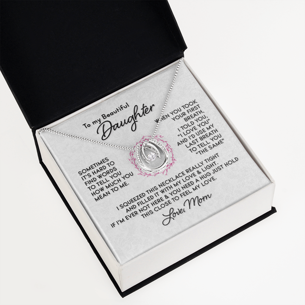 To My Daughter-SOMETIMES IT'S HARD TO Lucky Horseshoe Necklace Message Card 14k w CZ Crystals-Express Your Love Gifts