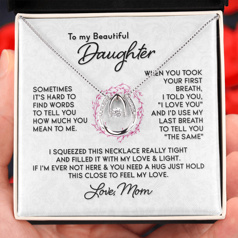 To My Daughter-SOMETIMES IT'S HARD TO Lucky Horseshoe Necklace Message Card 14k w CZ Crystals-Express Your Love Gifts