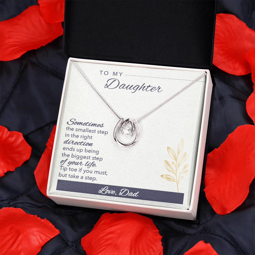 To My Daughter Sometimes Lucky Horseshoe Necklace Message Card 14k w CZ Crystals-Express Your Love Gifts