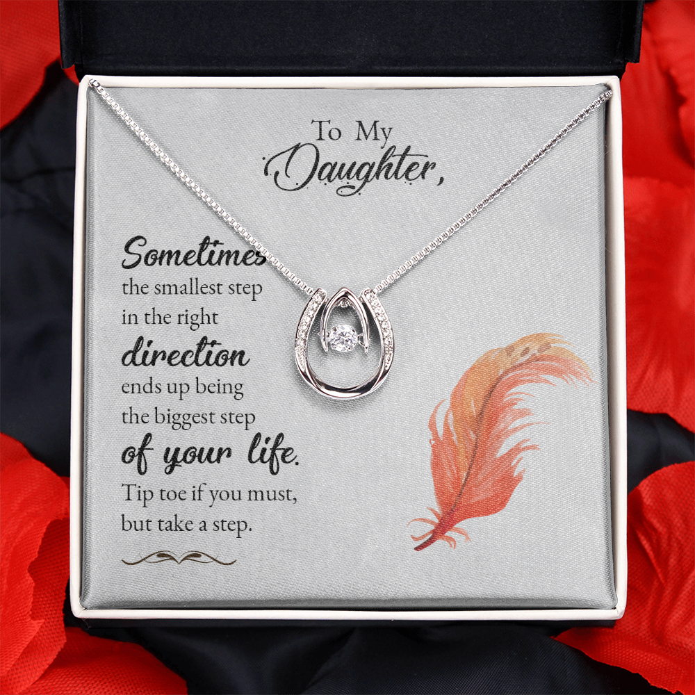 To my daughter-Sometimes the smallest step - new Lucky Horseshoe Necklace Message Card 14k w CZ Crystals-Express Your Love Gifts