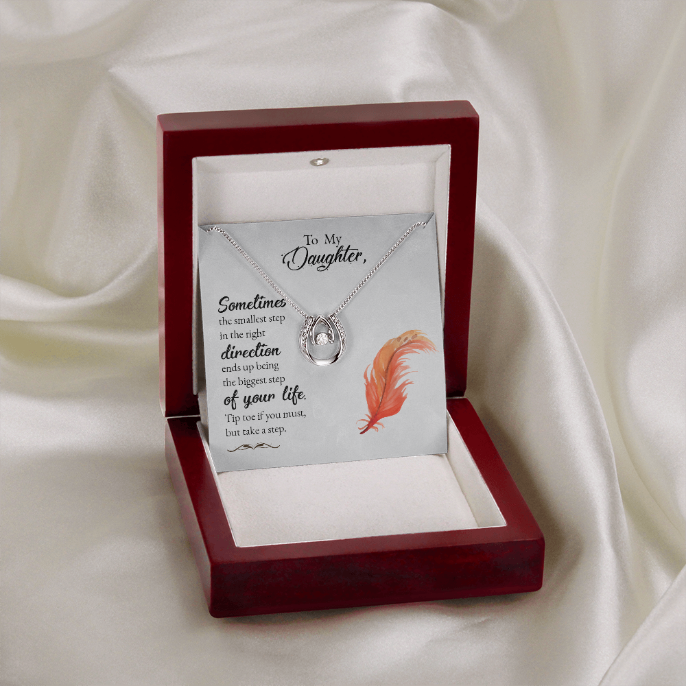 To my daughter-Sometimes the smallest step - new Lucky Horseshoe Necklace Message Card 14k w CZ Crystals-Express Your Love Gifts