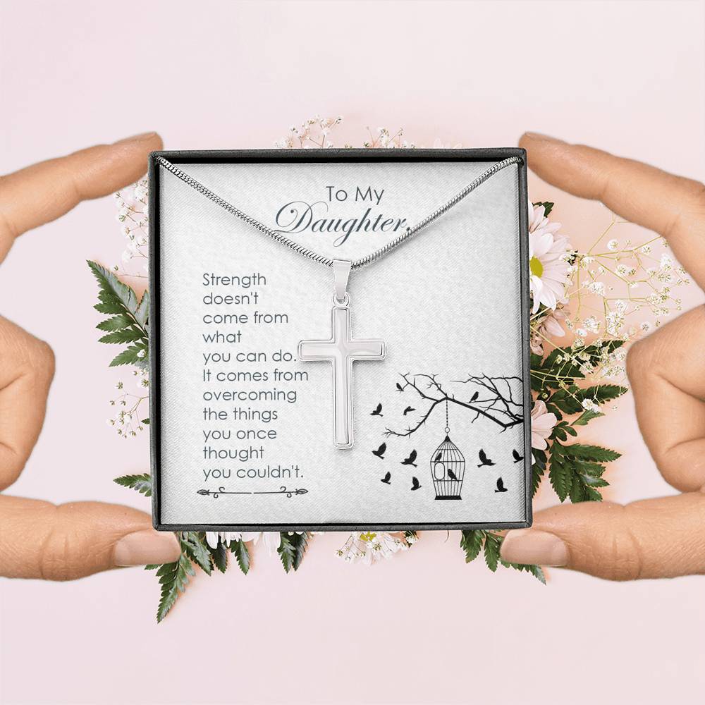 To My Daughter Strength Cross Card Necklace w Stainless Steel Pendant-Express Your Love Gifts