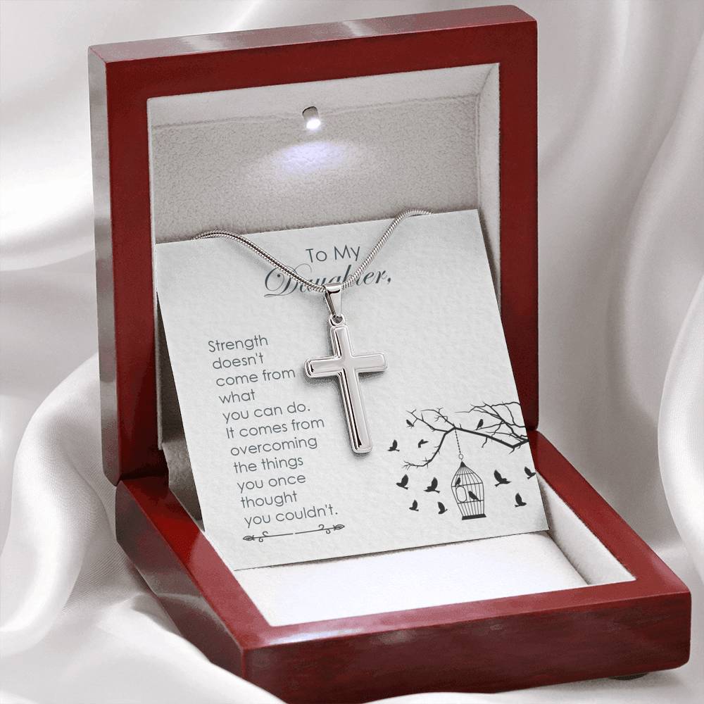 To My Daughter Strength Cross Card Necklace w Stainless Steel Pendant-Express Your Love Gifts