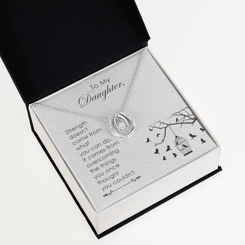 To my daughter-Strength doesn_t come Lucky Horseshoe Necklace Message Card 14k w CZ Crystals-Express Your Love Gifts