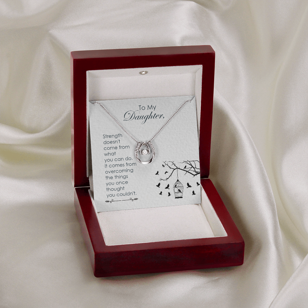 To my daughter-Strength doesn_t come Lucky Horseshoe Necklace Message Card 14k w CZ Crystals-Express Your Love Gifts