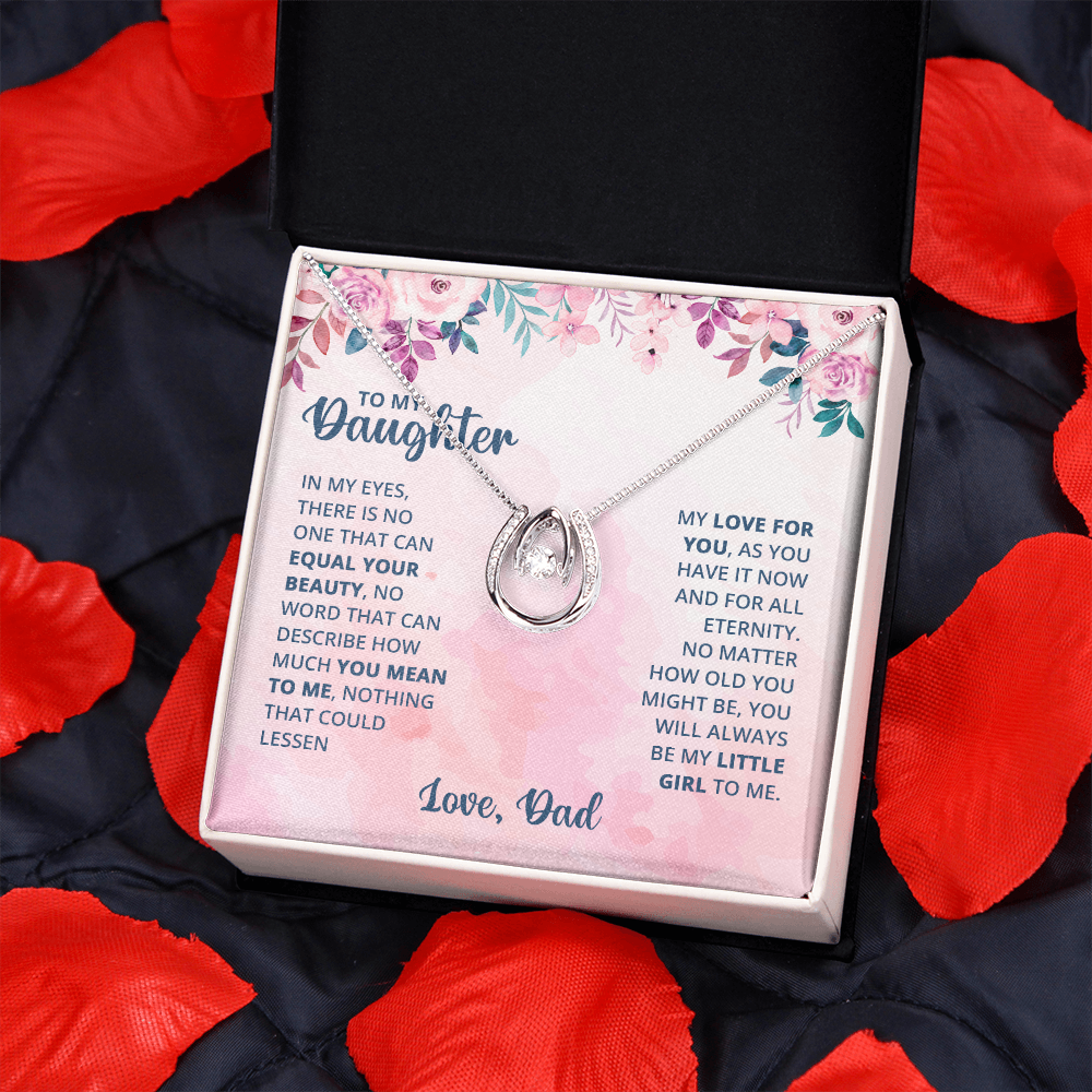 To My Daughter There is No One Lucky Horseshoe Necklace Message Card 14k w CZ Crystals-Express Your Love Gifts