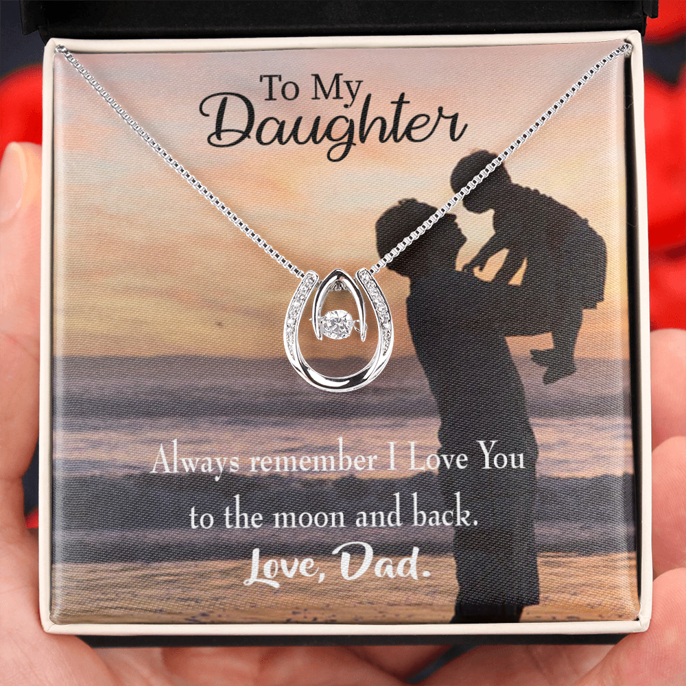 To My Daughter To the Moon and Back Dad Lucky Horseshoe Necklace Message Card 14k w CZ Crystals-Express Your Love Gifts