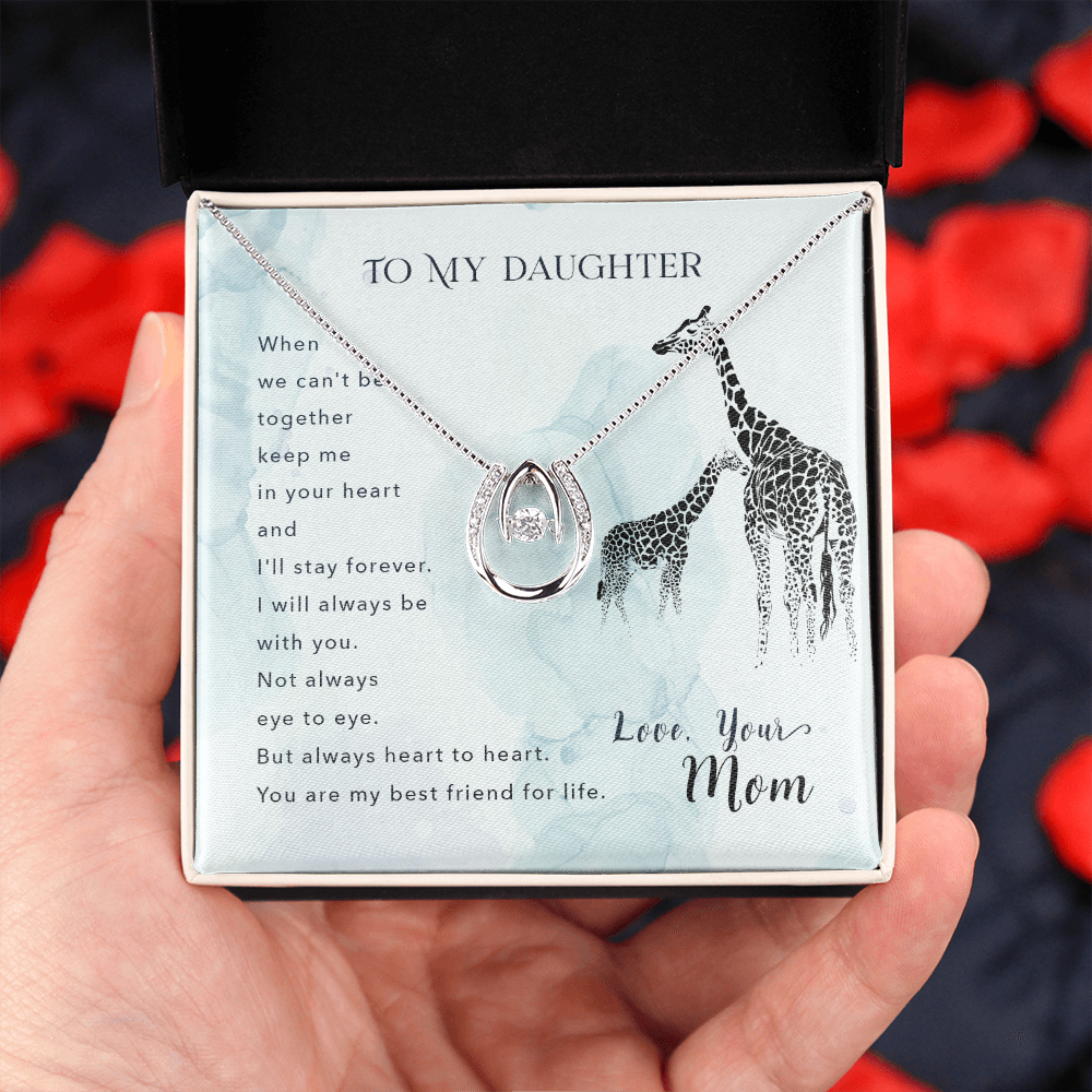 To my daughter-When we can_t be Lucky Horseshoe Necklace Message Card 14k w CZ Crystals-Express Your Love Gifts