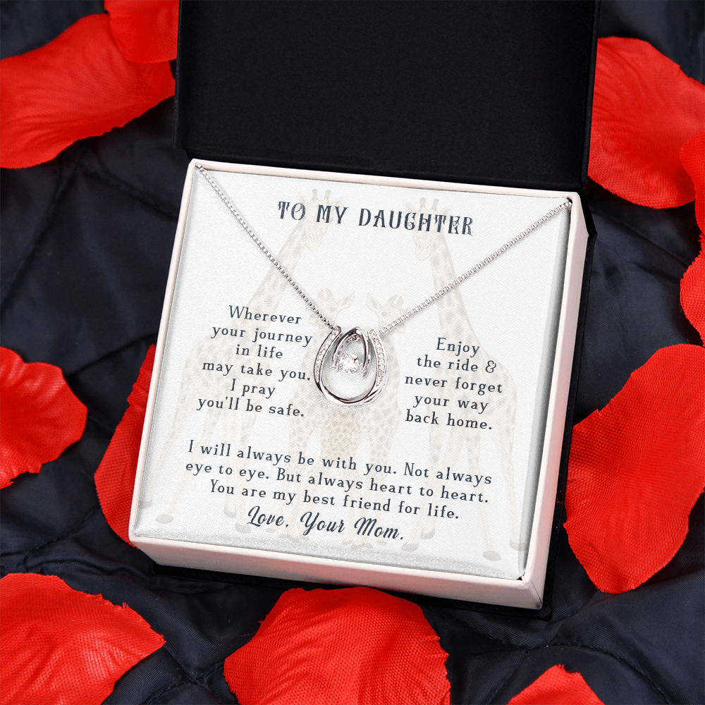 To my daughter-wherever your journey in life Lucky Horseshoe Necklace Message Card 14k w CZ Crystals-Express Your Love Gifts
