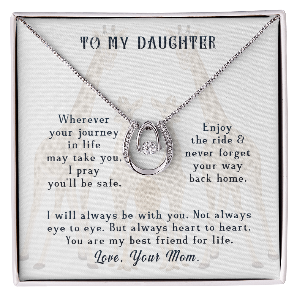 To my daughter-wherever your journey in life Lucky Horseshoe Necklace Message Card 14k w CZ Crystals-Express Your Love Gifts