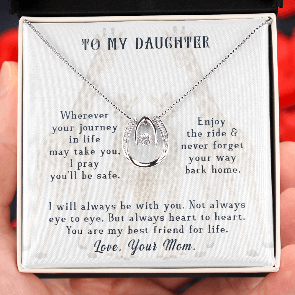 To my daughter-wherever your journey in life Lucky Horseshoe Necklace Message Card 14k w CZ Crystals-Express Your Love Gifts