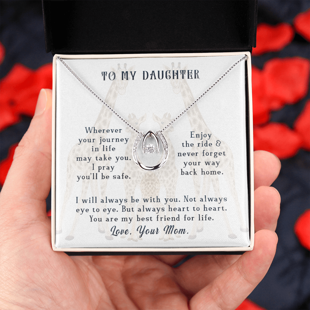To my daughter-wherever your journey in life Lucky Horseshoe Necklace Message Card 14k w CZ Crystals-Express Your Love Gifts