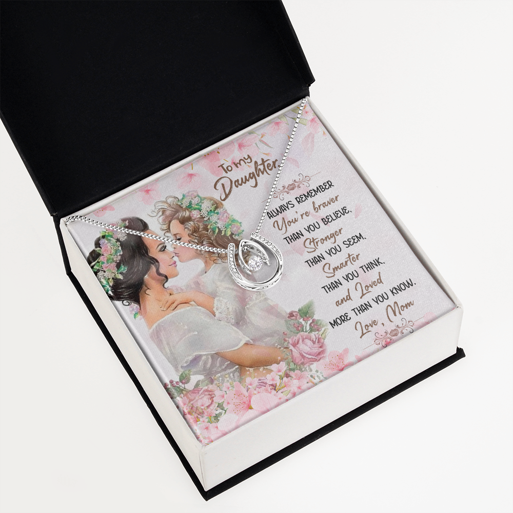 To My Daughter You Are Braver Stronger Smarter Lucky Horseshoe Necklace Message Card 14k w CZ Crystals-Express Your Love Gifts