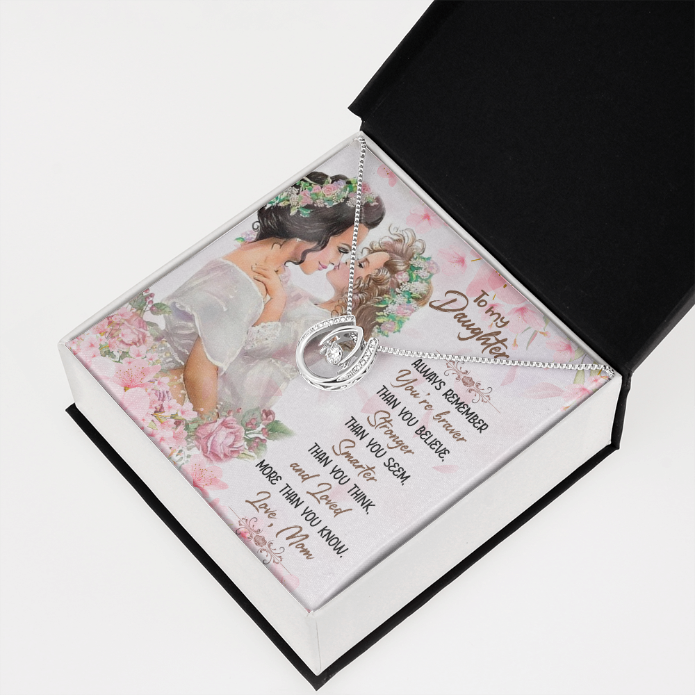 To My Daughter You Are Braver Stronger Smarter Lucky Horseshoe Necklace Message Card 14k w CZ Crystals-Express Your Love Gifts