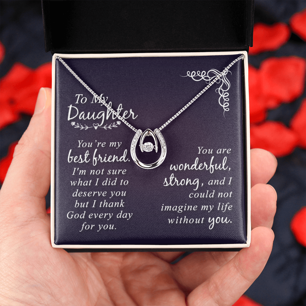 To my daughter-You Are my best friend Lucky Horseshoe Necklace Message Card 14k w CZ Crystals-Express Your Love Gifts