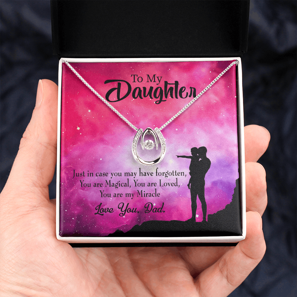 To My Daughter You Are My Miracle From Dad Lucky Horseshoe Necklace Message Card 14k w CZ Crystals-Express Your Love Gifts