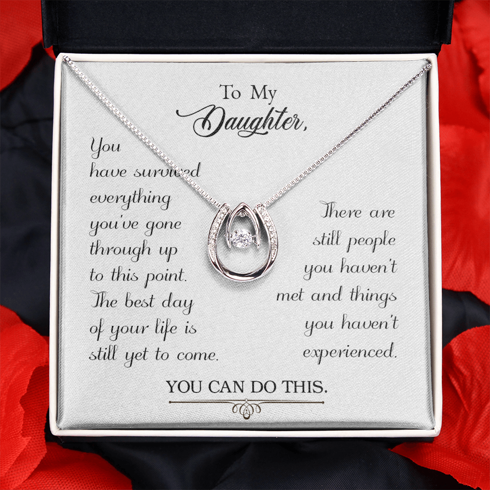 To my daughter-You have survived Lucky Horseshoe Necklace Message Card 14k w CZ Crystals-Express Your Love Gifts