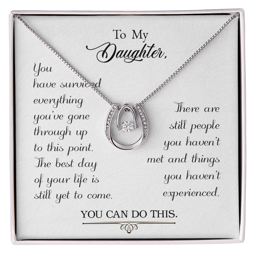 To my daughter-You have survived Lucky Horseshoe Necklace Message Card 14k w CZ Crystals-Express Your Love Gifts