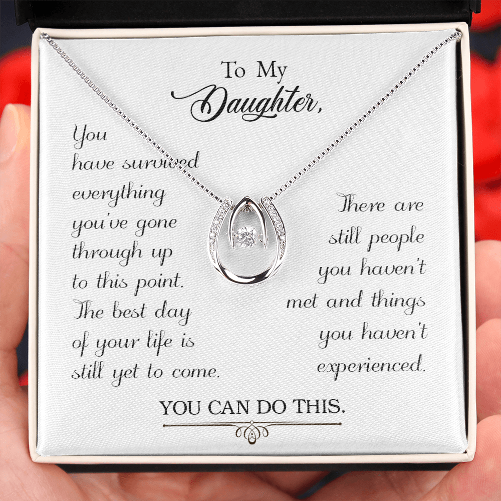 To my daughter-You have survived Lucky Horseshoe Necklace Message Card 14k w CZ Crystals-Express Your Love Gifts