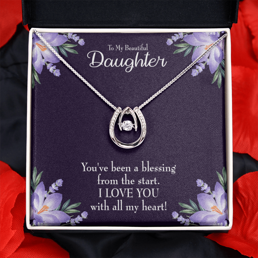 To My Daughter You've Been a Blessing Lucky Horseshoe Necklace Message Card 14k w CZ Crystals-Express Your Love Gifts