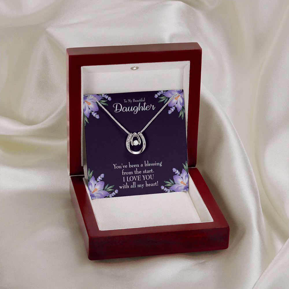 To My Daughter You've Been a Blessing Lucky Horseshoe Necklace Message Card 14k w CZ Crystals-Express Your Love Gifts
