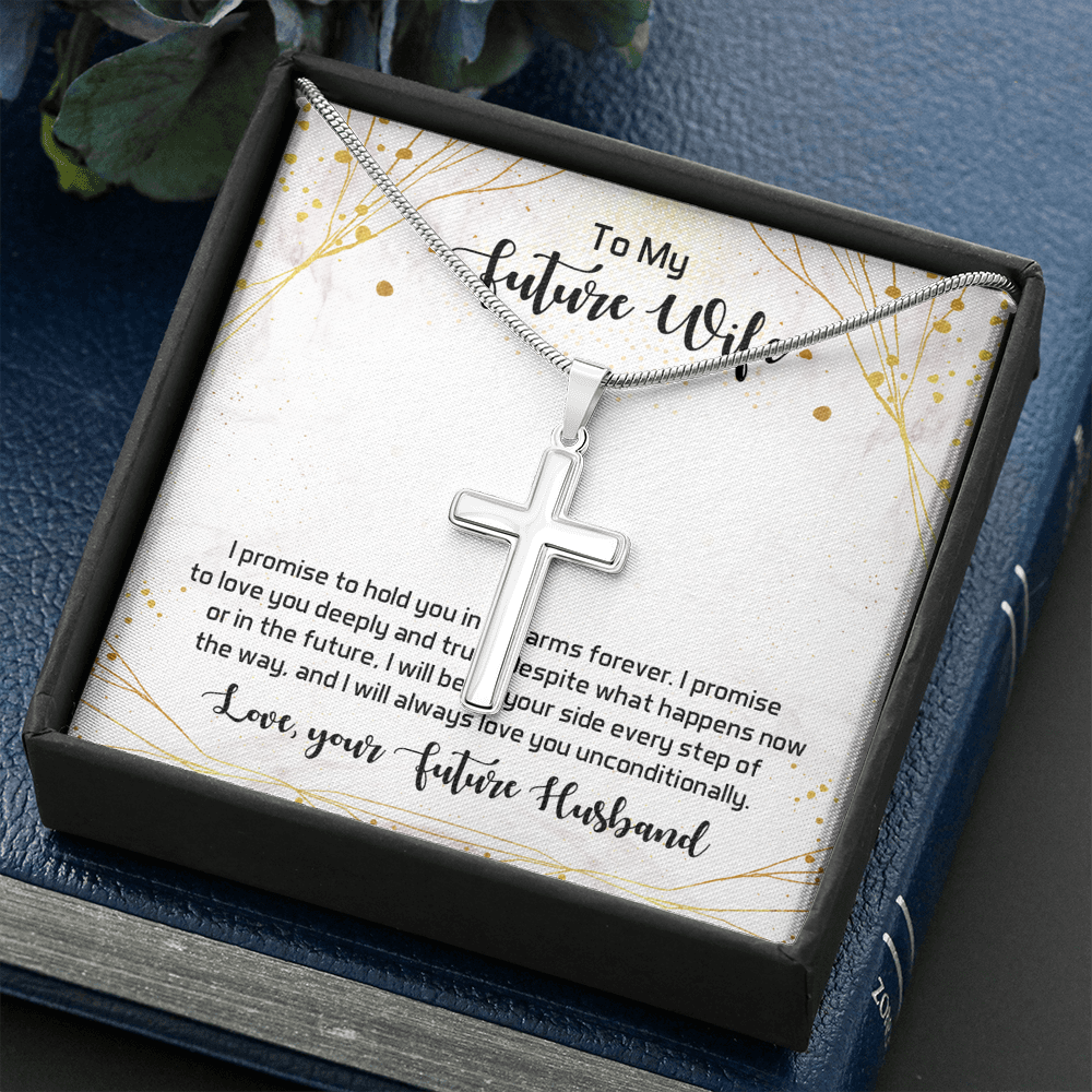 To My Future Wife I Promise To Hold You In My Arms Forever Cross Card Necklace w Stainless Steel Pendant-Express Your Love Gifts