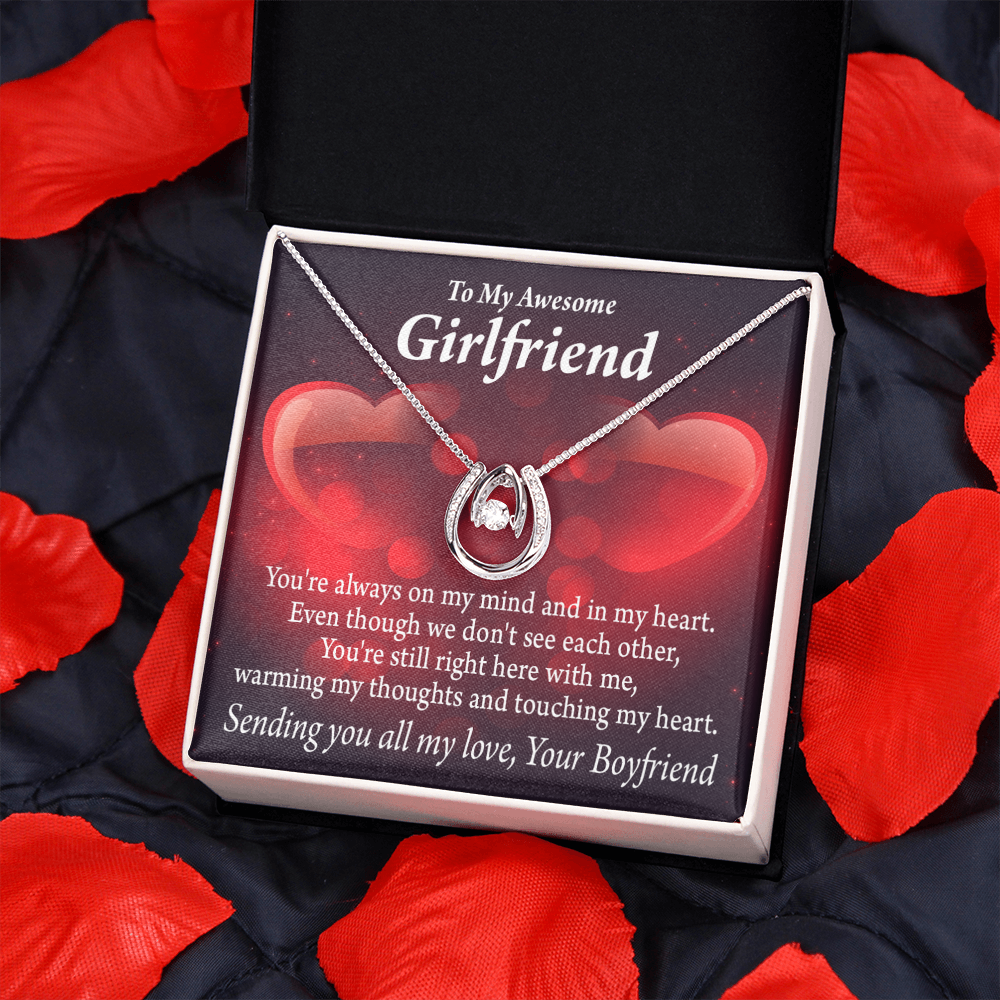 To My Girlfriend Always Warm My Thoughts Lucky Horseshoe Necklace Message Card 14k w CZ Crystals-Express Your Love Gifts