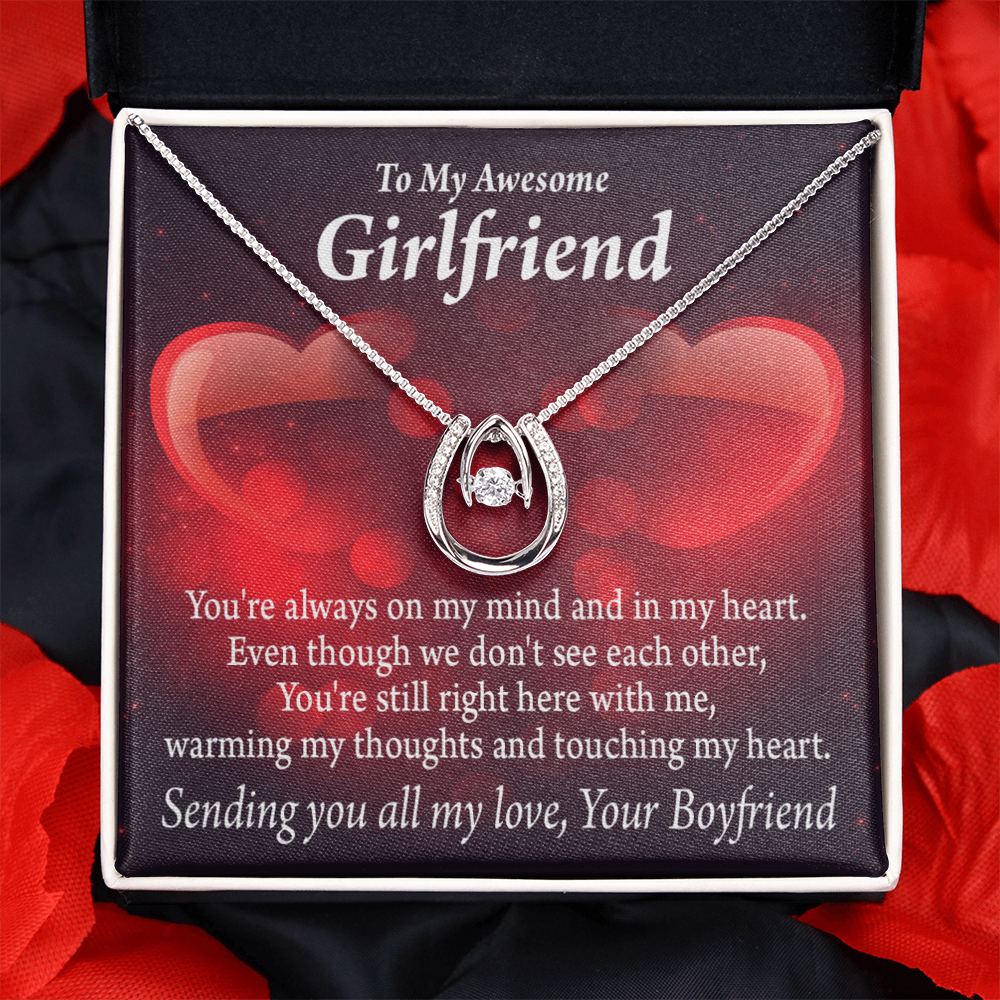 To My Girlfriend Always Warm My Thoughts Lucky Horseshoe Necklace Message Card 14k w CZ Crystals-Express Your Love Gifts