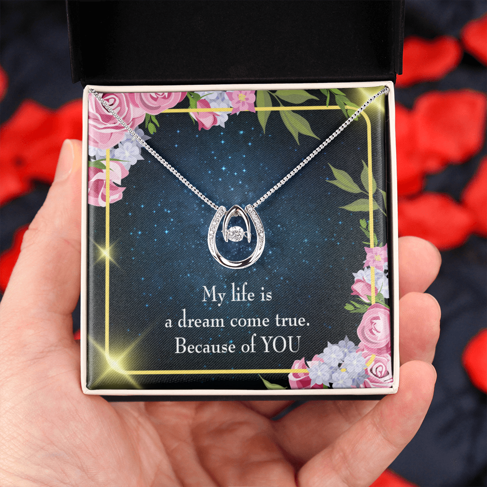 To My Girlfriend Because of YOU Lucky Horseshoe Necklace Message Card 14k w CZ Crystals-Express Your Love Gifts