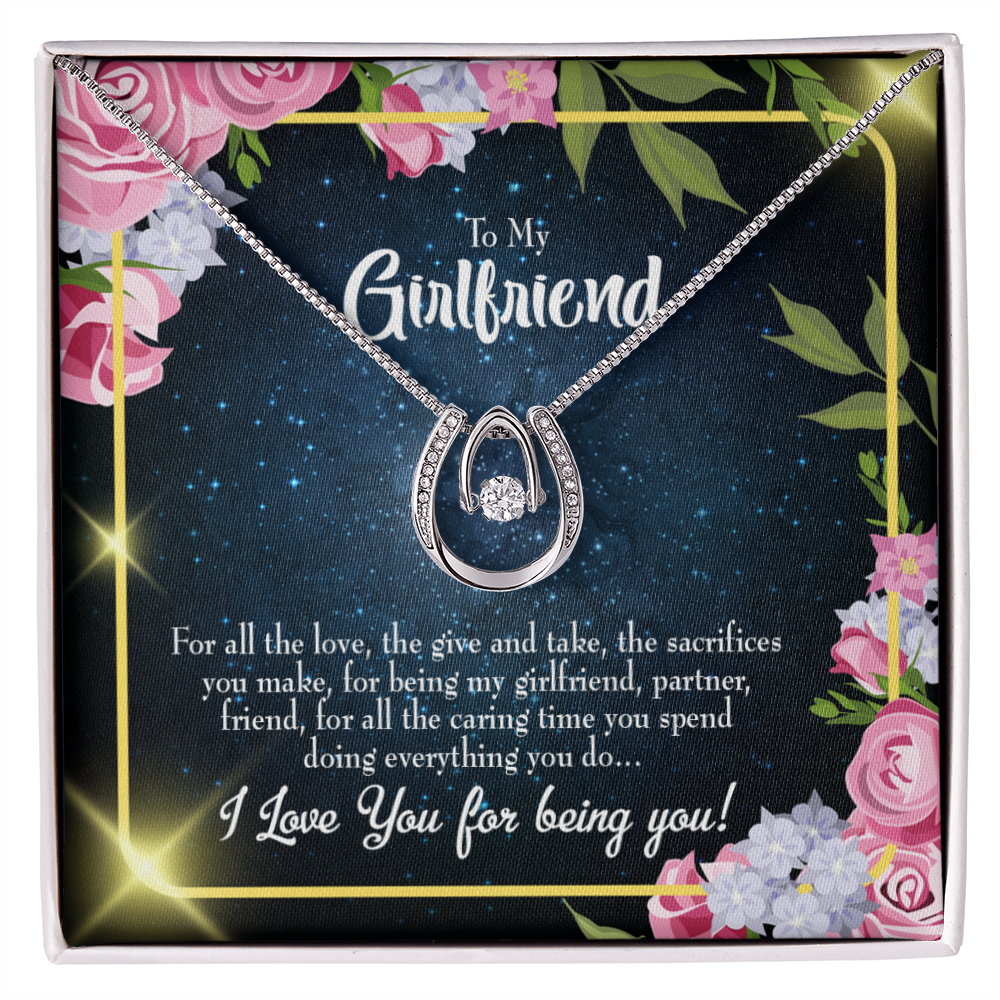 To My Girlfriend Being You Lucky Horseshoe Necklace Message Card 14k w CZ Crystals-Express Your Love Gifts
