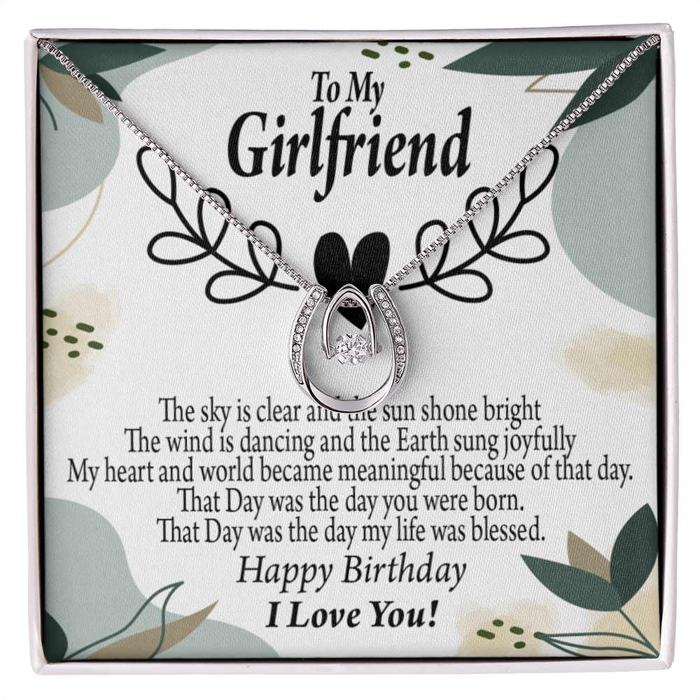 To My Girlfriend Birthday My World Lucky Horseshoe Necklace Message Card 14k w CZ Crystals-Express Your Love Gifts