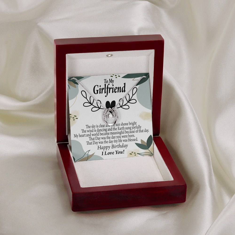 To My Girlfriend Birthday My World Lucky Horseshoe Necklace Message Card 14k w CZ Crystals-Express Your Love Gifts