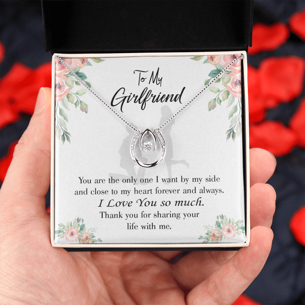 To My Girlfriend By My Side Lucky Horseshoe Necklace Message Card 14k w CZ Crystals-Express Your Love Gifts