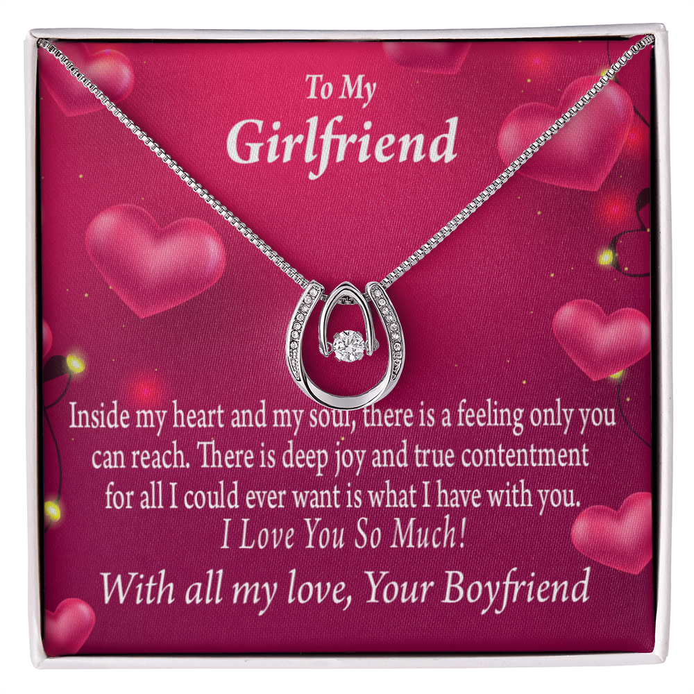 To My Girlfriend Deep Joy And True Contentment Lucky Horseshoe Necklace Message Card 14k w CZ Crystals-Express Your Love Gifts