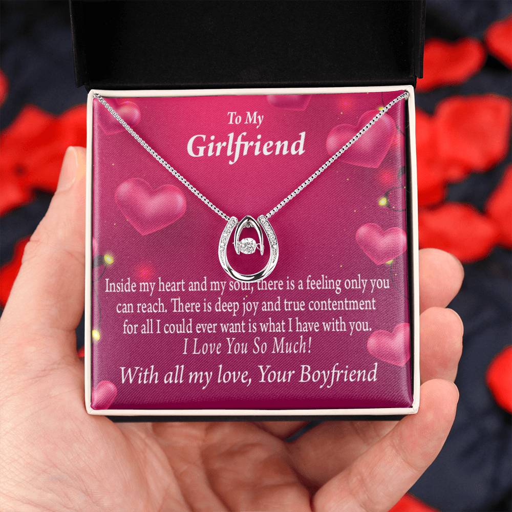 To My Girlfriend Deep Joy And True Contentment Lucky Horseshoe Necklace Message Card 14k w CZ Crystals-Express Your Love Gifts
