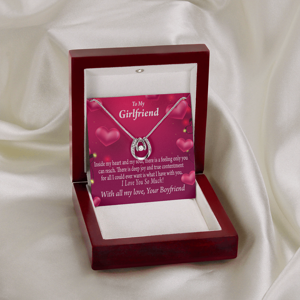 To My Girlfriend Deep Joy And True Contentment Lucky Horseshoe Necklace Message Card 14k w CZ Crystals-Express Your Love Gifts