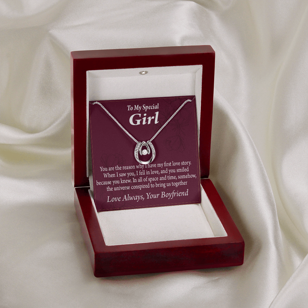To My Girlfriend First Love Story Lucky Horseshoe Necklace Message Card 14k w CZ Crystals-Express Your Love Gifts