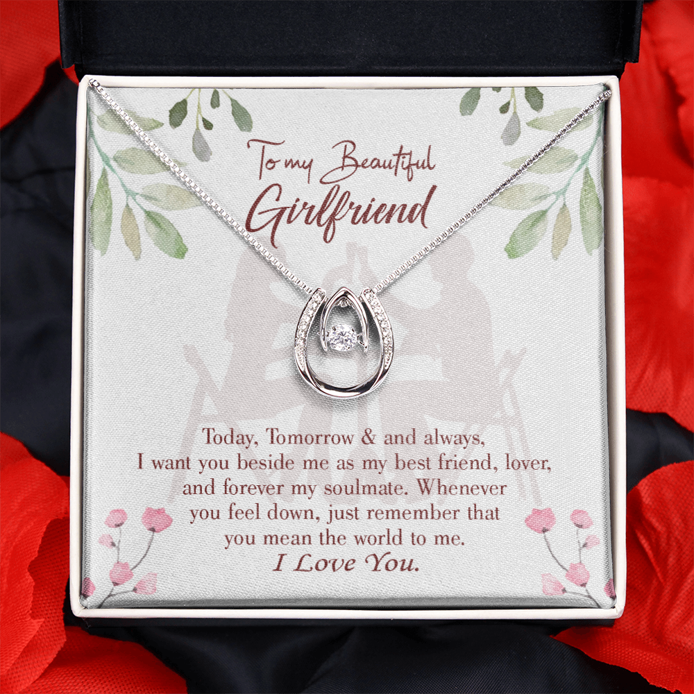 To My Girlfriend Forever My Soulmate Lucky Horseshoe Necklace Message Card 14k w CZ Crystals-Express Your Love Gifts